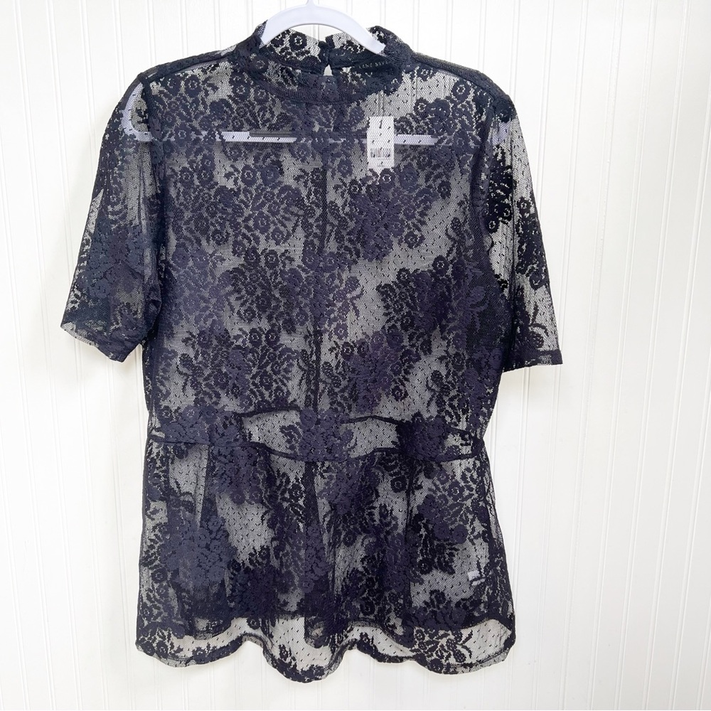 Lane Bryant Black Sheer Lace Perfect Sleeve Mock Neck Blouse Plus Size 14/16 NEW